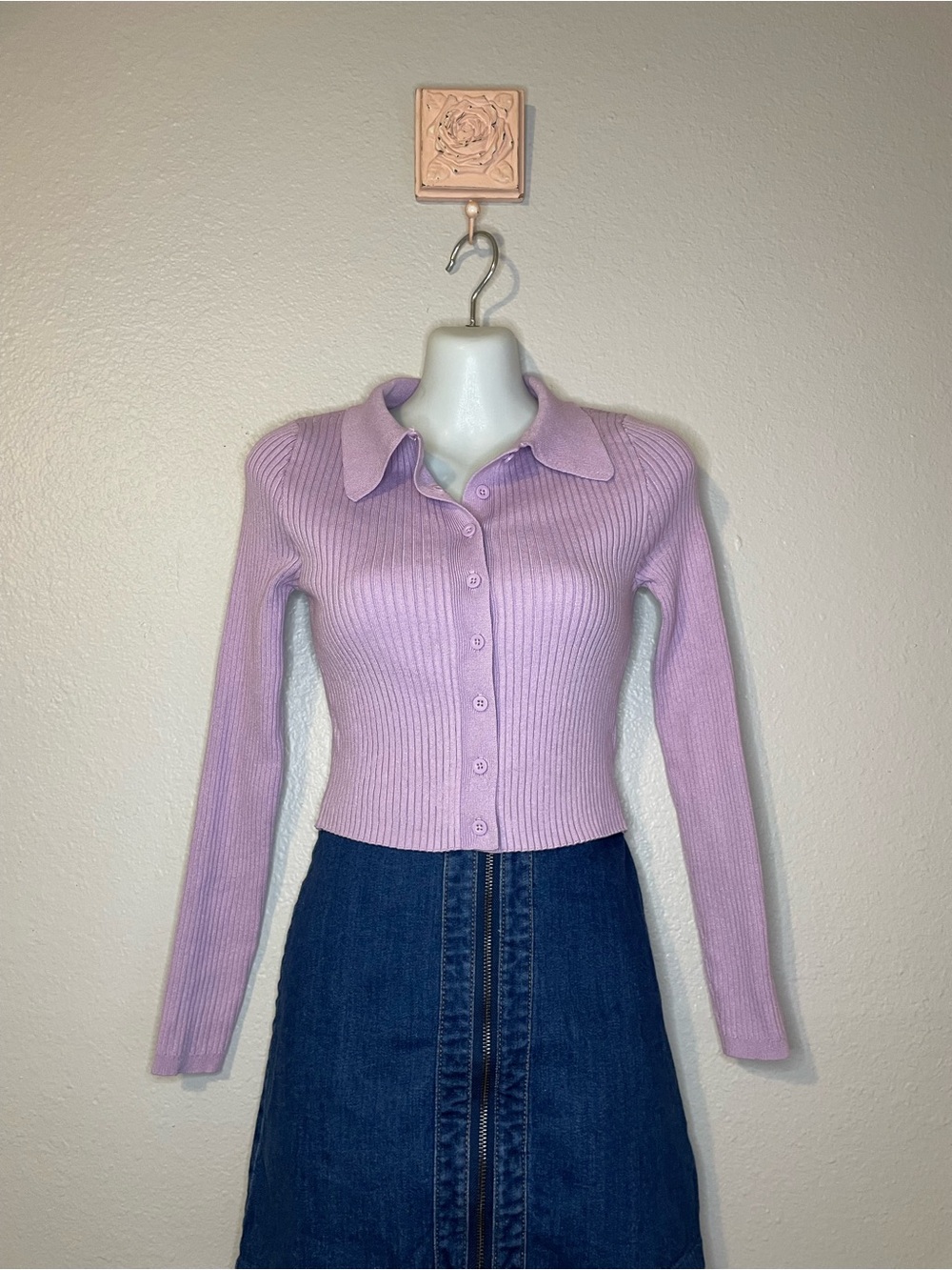 Cropped Lilac Ribbed Button-Down Cardigan